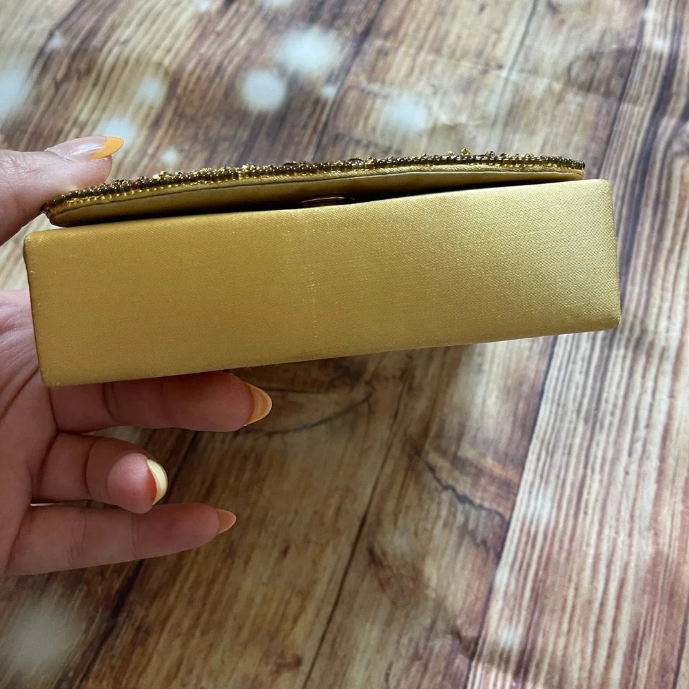 Gold Sequin Beaded Evening Bag Box Clutch‎ Crossbody Satin Swirl Pattern